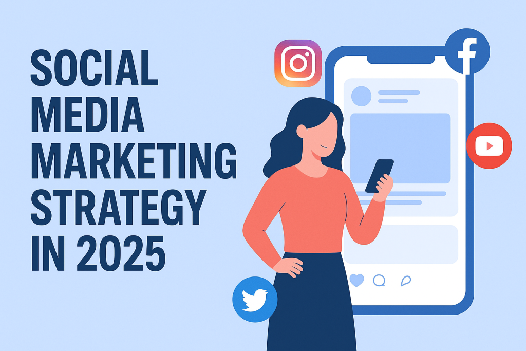 Social media marketing strategy 2025 illustration showing digital growth, content marketing, and business promotion on platforms like Facebook, Instagram, Twitter, and LinkedIn.